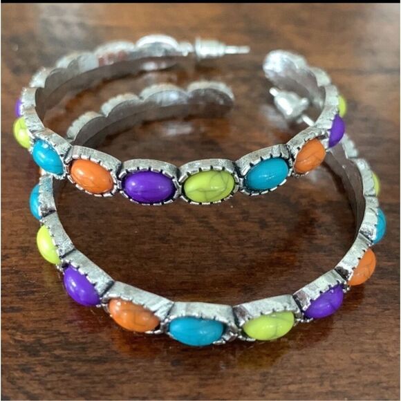 Western Style Hoop Earrings – Colorful Cabochons in Hopi Zuni Navajo Tones - Picture 1 of 5
